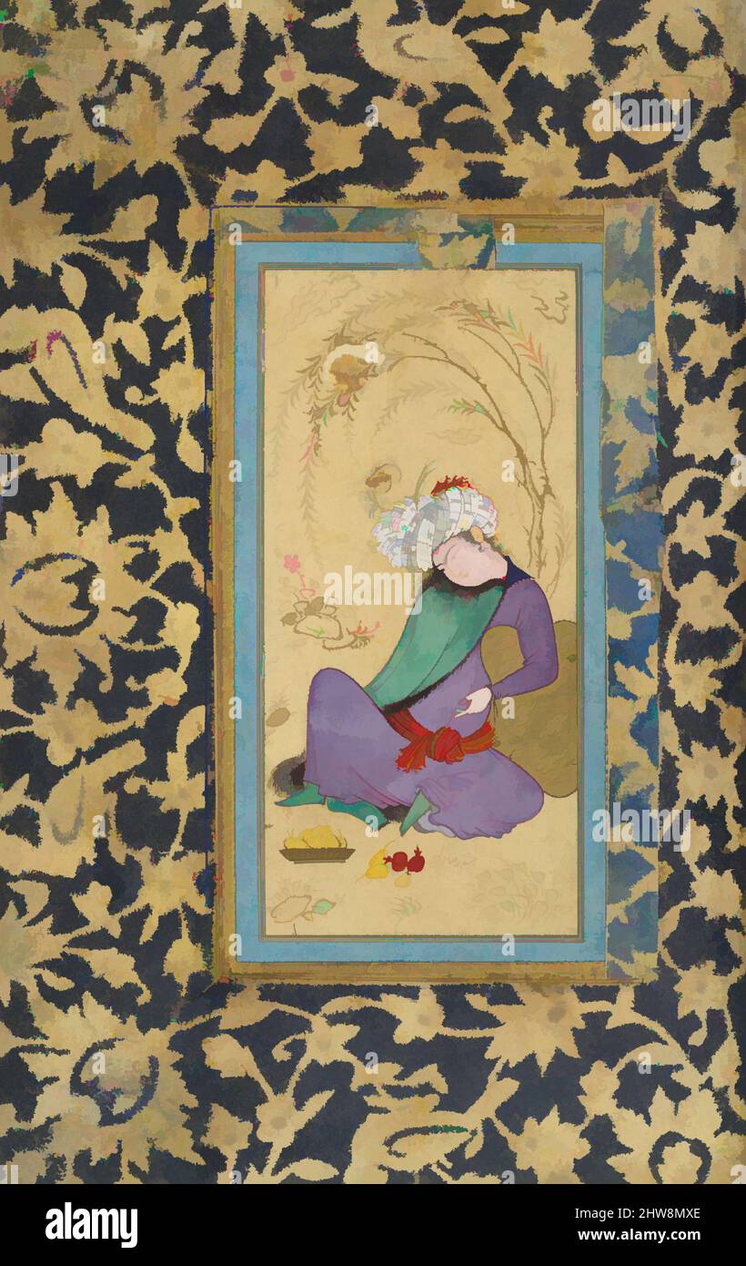 Kunst inspiriert vom Menschen in einem mit Pelz gefütterten Mantel, ca. 1600, dem Iran zugeschrieben, Isfahan, Tinte, opakes Aquarell, Und Gold auf Papier, H. 5 3/8 Zoll (13,6 cm), Codices, Gemälde von Riza-yi `Abbasi (Persisch, ca. 1565–1635), der Stil und das Thema dieses Werkes sind emblematisch für den Meistermaler Riza, klassische Werke, die von Artotop mit einem Schuss Moderne modernisiert wurden. Formen, Farbe und Wert, auffällige visuelle Wirkung auf Kunst. Emotionen durch Freiheit von Kunstwerken auf zeitgemäße Weise. Eine zeitlose Botschaft, die eine wild kreative neue Richtung verfolgt. Künstler, die sich dem digitalen Medium zuwenden und die Artotop NFT erschaffen Stockfoto